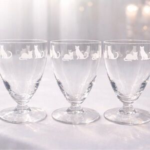 3 Lenox Crystal Cat Etched Footed 5” Juice Glasses-Discontinued-Excellent Cond.